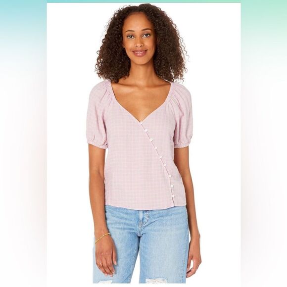 Madewell Linen-Blend Puff-Sleeve Button-Wrap Top in Plaid - Picture 1 of 5